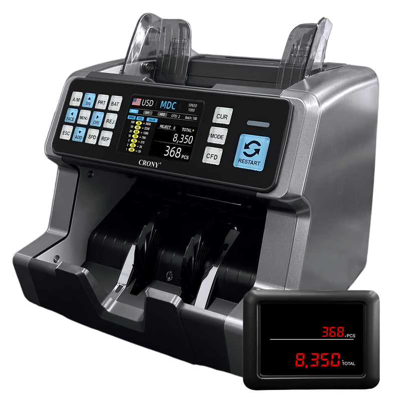 CRONY AL-9201 Professional Mix value Money Counter Machine, 800/1000/1200 Notes/Min, 500 Notes Hopper, UV/MG/MT/IR/CIS Detection, Automatic Currency Identification, 3.5" Touch TFT Display, ADD &amp; Batch Counting, 1 Year Warranty