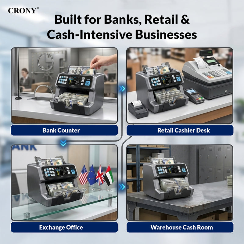 CRONY AL-9201 Professional Mix value Money Counter Machine, 800/1000/1200 Notes/Min, 500 Notes Hopper, UV/MG/MT/IR/CIS Detection, Automatic Currency Identification, 3.5" Touch TFT Display, ADD & Batch Counting, 1 Year Warranty