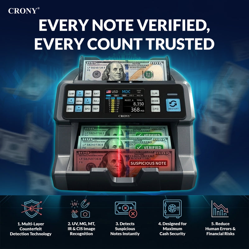 CRONY AL-9201 Professional Mix value Money Counter Machine, 800/1000/1200 Notes/Min, 500 Notes Hopper, UV/MG/MT/IR/CIS Detection, Automatic Currency Identification, 3.5" Touch TFT Display, ADD & Batch Counting, 1 Year Warranty