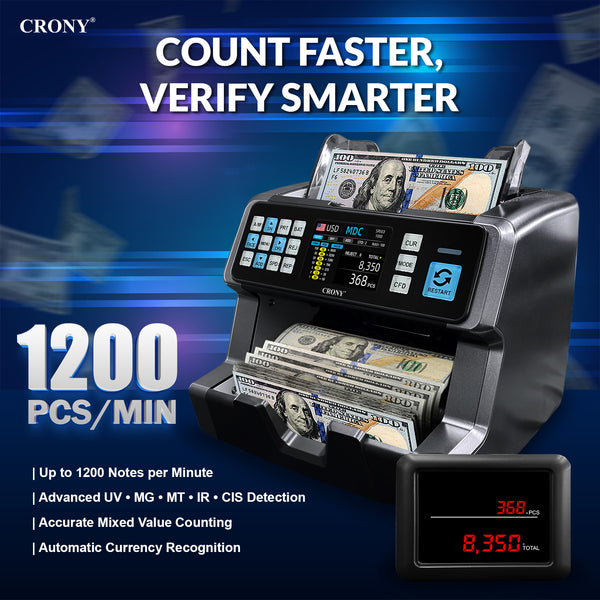 CRONY AL-9201 Professional Mix value Money Counter Machine, 800/1000/1200 Notes/Min, 500 Notes Hopper, UV/MG/MT/IR/CIS Detection, Automatic Currency Identification, 3.5" Touch TFT Display, ADD & Batch Counting, 1 Year Warranty