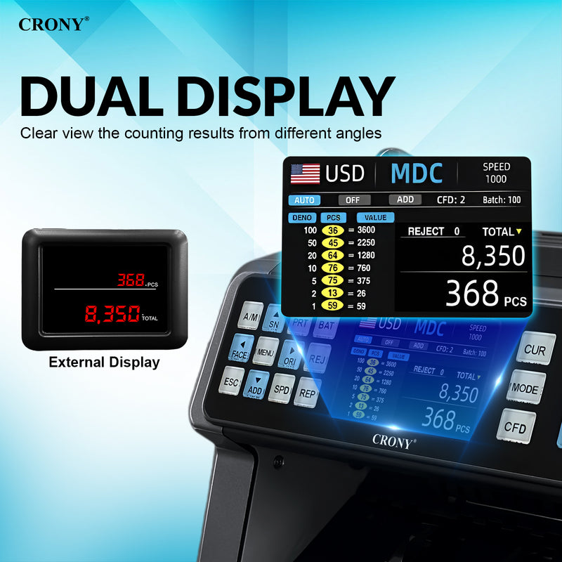 CRONY AL-9201 Professional Mix value Money Counter Machine, 800/1000/1200 Notes/Min, 500 Notes Hopper, UV/MG/MT/IR/CIS Detection, Automatic Currency Identification, 3.5" Touch TFT Display, ADD & Batch Counting, 1 Year Warranty