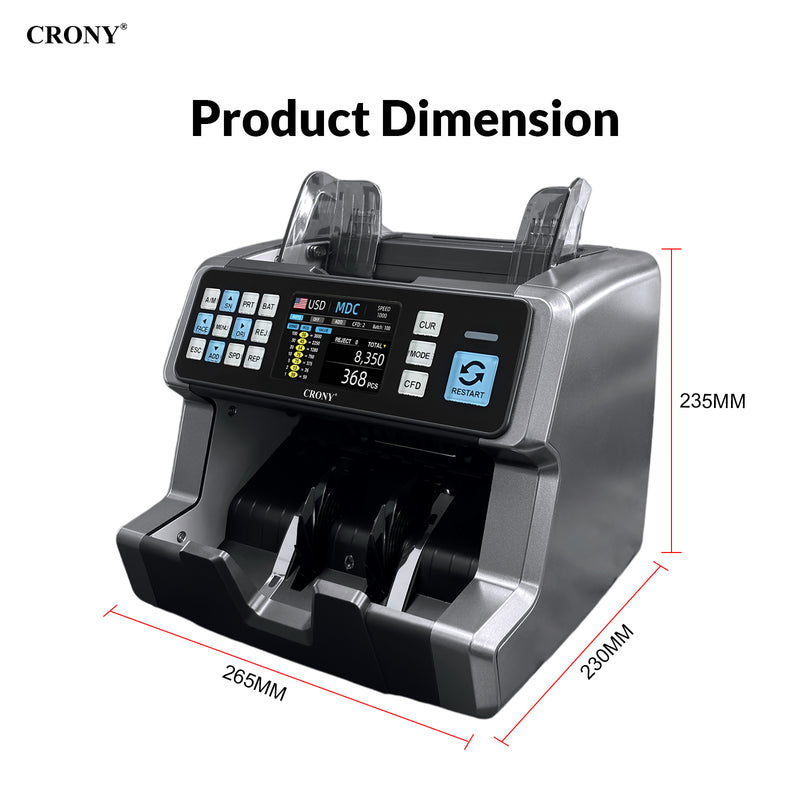 CRONY AL-9201 Professional Mix value Money Counter Machine, 800/1000/1200 Notes/Min, 500 Notes Hopper, UV/MG/MT/IR/CIS Detection, Automatic Currency Identification, 3.5" Touch TFT Display, ADD & Batch Counting, 1 Year Warranty
