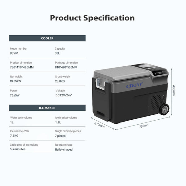 CRONY B35IM Ice Maker refrigerator with wheels Lever 38L Portable Ice Maker &amp Freezer Home &amp Car Use -20°C 7 Bullet Ice LED Control Wheels