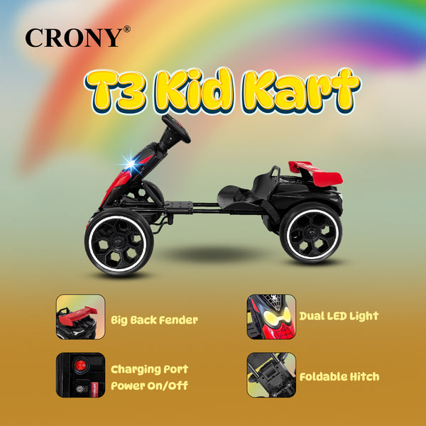 CRONY T3 Kids Electric Go Kart with Remote Control, 390W Motor, 6V 4.5Ah Battery, 5-6KM/H Speed, LED Headlights, Bluetooth Speaker, Seat Belt, Forward & Reverse Switch, Ride On Kart for Kids