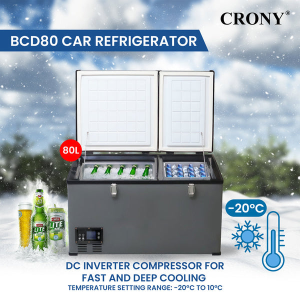 CRONY BCD80 80L Portable Car Refrigerator Freezer for RV Truck Outdoor Use with LCD Temperature Control -20 to 10 Celsius