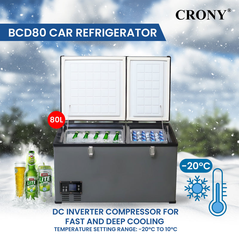 CRONY BCD80 80L Portable Car Refrigerator Freezer for RV Truck Outdoor Use with LCD Temperature Control -20 to 10 Celsius