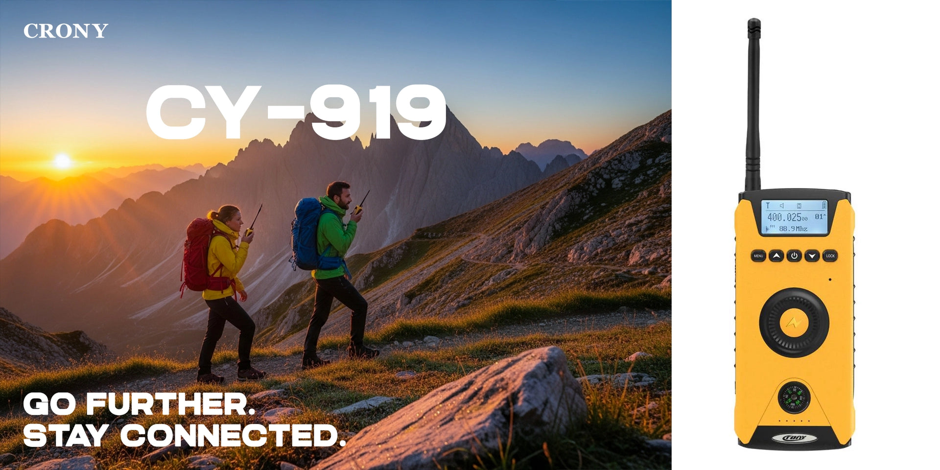 Crony 5W CY-919 Rechargeable Two-way Radios, Wireless Portable Business Walkie Talkies With solar charging, flashlight, compass - Hero Banner 3