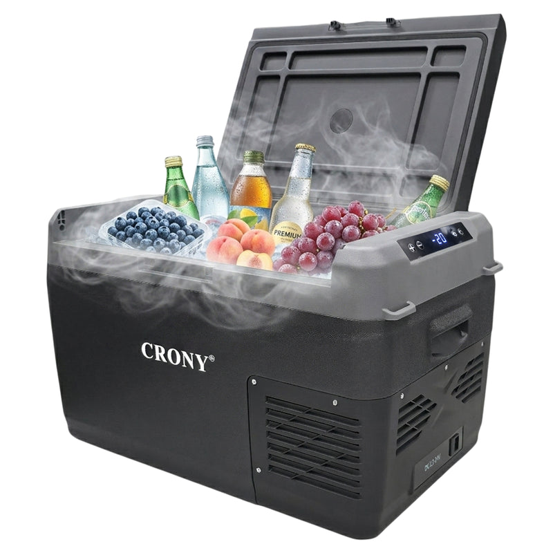 CRONY GC30 Portable Car Refrigerator 29L, 12V/24V DC &amp; 100-220V AC Electric Cooler, -20°C to 20°C Temperature Range, LED Control Panel, Interior LED Light, Bottle Opener &amp; Cup Holder, 1-Year Warranty