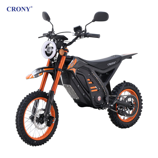 CRONY-05 E-Dirt Bike, 2500W Electric Motorcycle, Up to 72 KM/H, 48V 25Ah Detachable Battery, 45–55 KM Range, Dual Suspension, Front & Rear Disc Brakes, 14"/12" Off-Road Tires, Bluetooth Speaker, Helmet Included