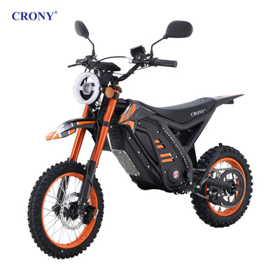 CRONY-05 E-Dirt Bike, 2500W Electric Motorcycle, Up to 72 KM/H, 48V 25Ah Detachable Battery, 45–55 KM Range, Dual Suspension, Front & Rear Disc Brakes, 14"/12" Off-Road Tires, Bluetooth Speaker, Helmet Included