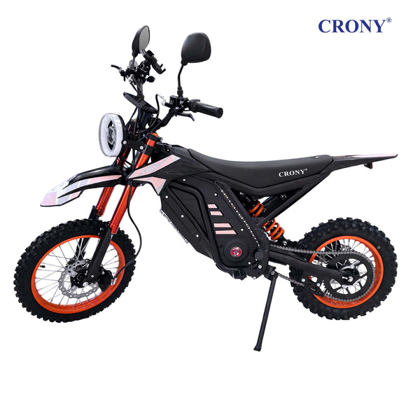 CRONY-05 E-Dirt Bike, 2500W Electric Motorcycle, Up to 72 KM/H, 48V 25Ah Detachable Battery, 45–55 KM Range, Dual Suspension, Front & Rear Disc Brakes, 14"/12" Off-Road Tires, Bluetooth Speaker, Helmet Included