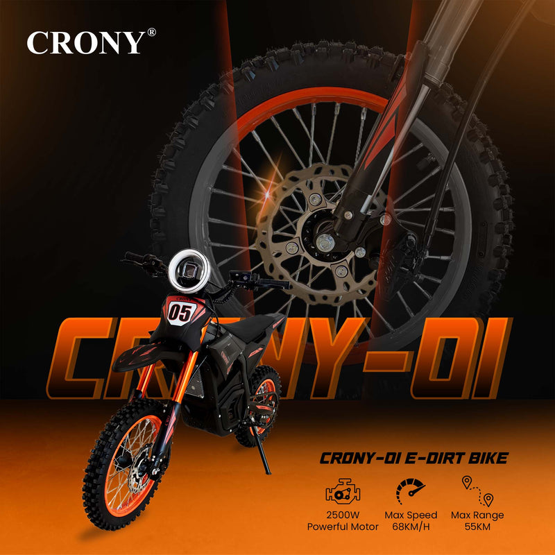 CRONY CRONY-01 High Configuration Electric Dirt Bike 2500W Motor, 48V 24Ah Battery, 45-55KM Range, 50-68KM/H Speed, Dual Suspension, Off-Road Tires, Bluetooth Speaker, LED Headlamp, Phone Holder, Digital Display, Free Helmet, 1 Year Motor Warranty