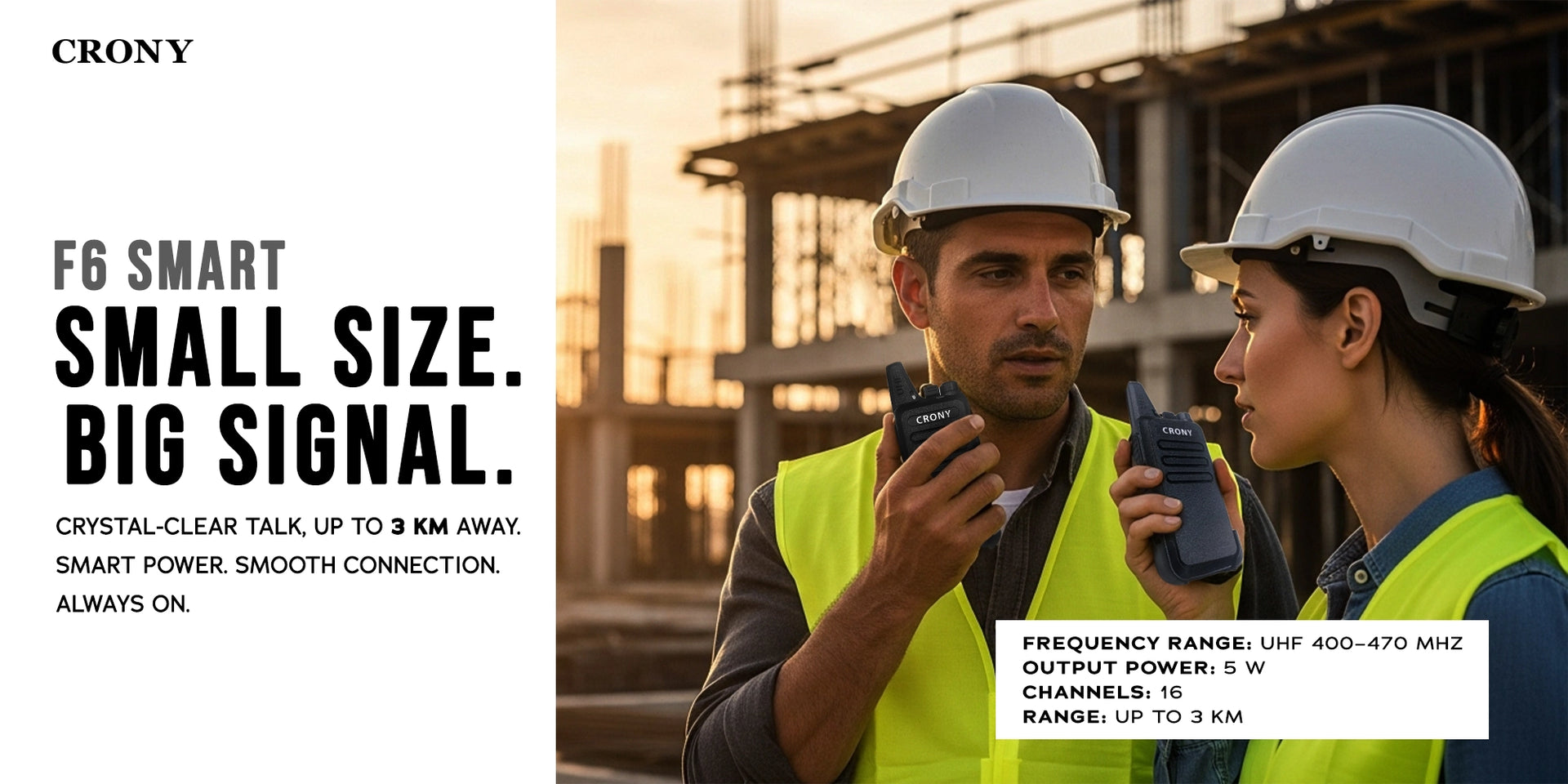 CRONY 5W F6smart walkie-talkie Walkie Talkie Professional FM Transceiver F6 1-3 KM - Hero Banner 1