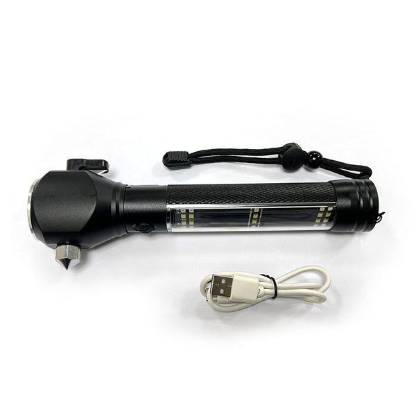 H04-T01 Solar Powered Tactical Flashlight Multi Function Outdoor Car LED Flashlight Ultra Bright Torch Light, with Safety Hammer