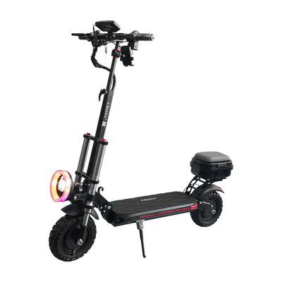 The CRONY V18 features dual 1500W motors for powerful performance, reaching 40 KM/H speed. Equipped with a 48V 18AH battery for 30–60 KM range, plus a mobile phone holder and Bluetooth speaker for added convenience and a smoother riding experience.