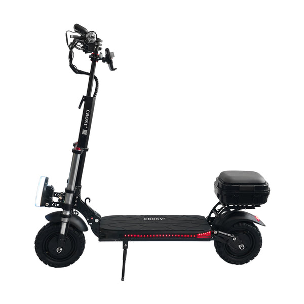The CRONY V18 features dual 1500W motors for powerful performance, reaching 40 KM/H speed. Equipped with a 48V 18AH battery for 30–60 KM range, plus a mobile phone holder and Bluetooth speaker for added convenience and a smoother riding experience.