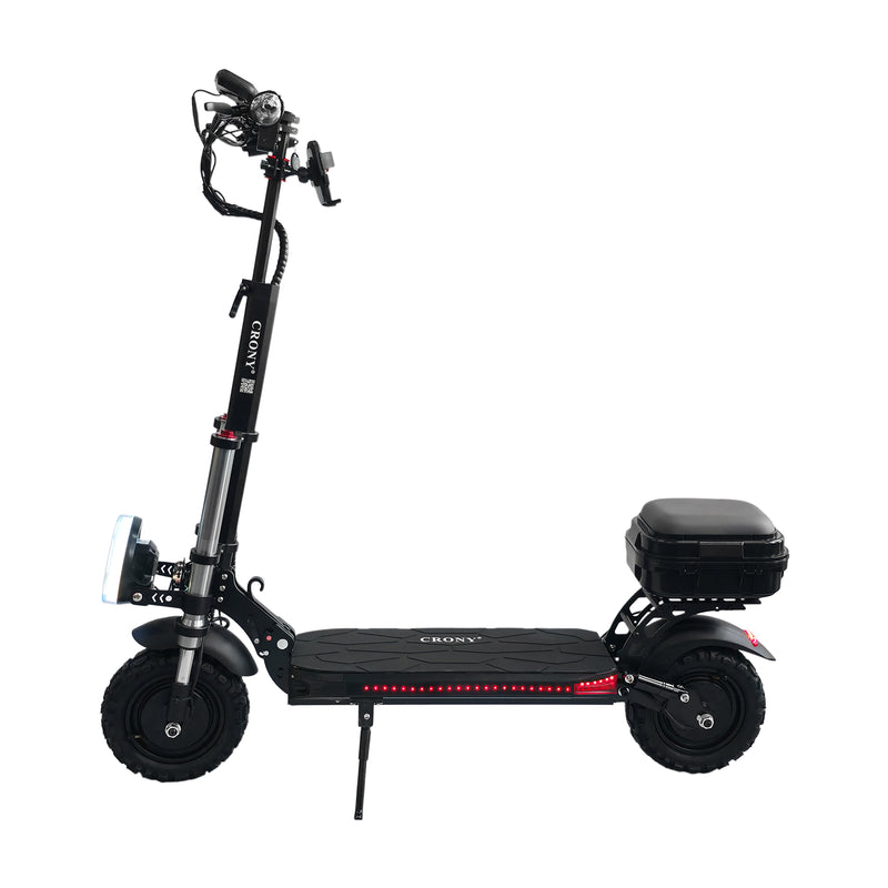 The CRONY V18 features dual 1500W motors for powerful performance, reaching 40 KM/H speed. Equipped with a 48V 18AH battery for 30–60 KM range, plus a mobile phone holder and Bluetooth speaker for added convenience and a smoother riding experience.