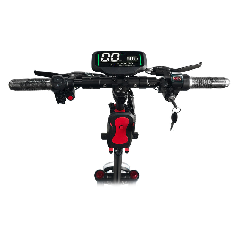 The CRONY V18 features dual 1500W motors for powerful performance, reaching 40 KM/H speed. Equipped with a 48V 18AH battery for 30–60 KM range, plus a mobile phone holder and Bluetooth speaker for added convenience and a smoother riding experience.