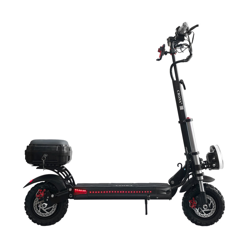 The CRONY V18 features dual 1500W motors for powerful performance, reaching 40 KM/H speed. Equipped with a 48V 18AH battery for 30–60 KM range, plus a mobile phone holder and Bluetooth speaker for added convenience and a smoother riding experience.