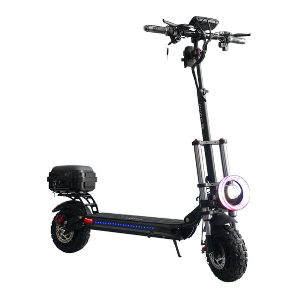 The CRONY V18 features dual 1500W motors for powerful performance, reaching 40 KM/H speed. Equipped with a 48V 18AH battery for 30–60 KM range, plus a mobile phone holder and Bluetooth speaker for added convenience and a smoother riding experience.
