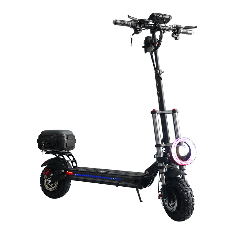 The CRONY V18 features dual 1500W motors for powerful performance, reaching 40 KM/H speed. Equipped with a 48V 18AH battery for 30–60 KM range, plus a mobile phone holder and Bluetooth speaker for added convenience and a smoother riding experience.
