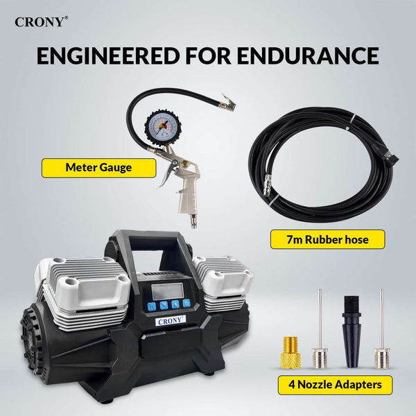 CRONY WM 102-45 12V Heavy Duty Air Compressor, 150 PSI, 400L/Min Air Flow, 4-Cylinder Tyre Inflator with 7M Air Hose, 100A Rated Current, Overload & Overheat Protection for Cars, Trucks & Off-Road Vehicles