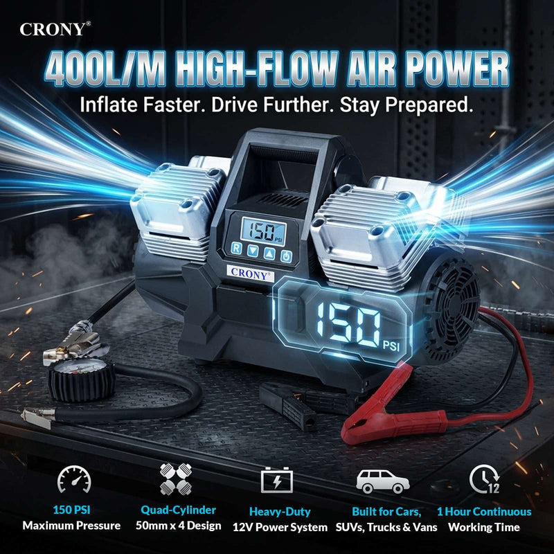 CRONY WM 102-45 12V Heavy Duty Air Compressor, 150 PSI, 400L/Min Air Flow, 4-Cylinder Tyre Inflator with 7M Air Hose, 100A Rated Current, Overload & Overheat Protection for Cars, Trucks & Off-Road Vehicles