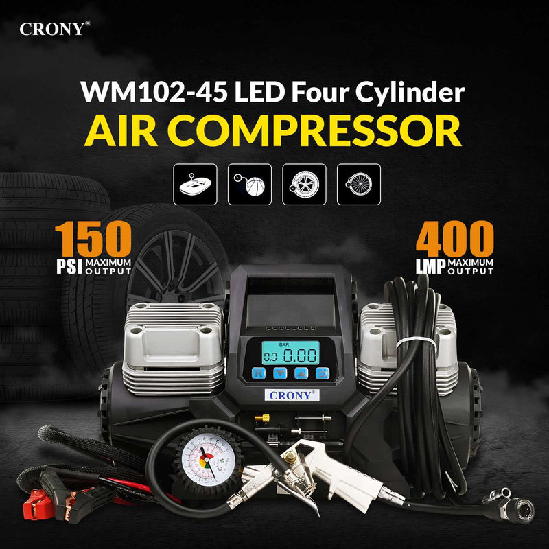 CRONY WM 102-45 12V Heavy Duty Air Compressor, 150 PSI, 400L/Min Air Flow, 4-Cylinder Tyre Inflator with 7M Air Hose, 100A Rated Current, Overload & Overheat Protection for Cars, Trucks & Off-Road Vehicles