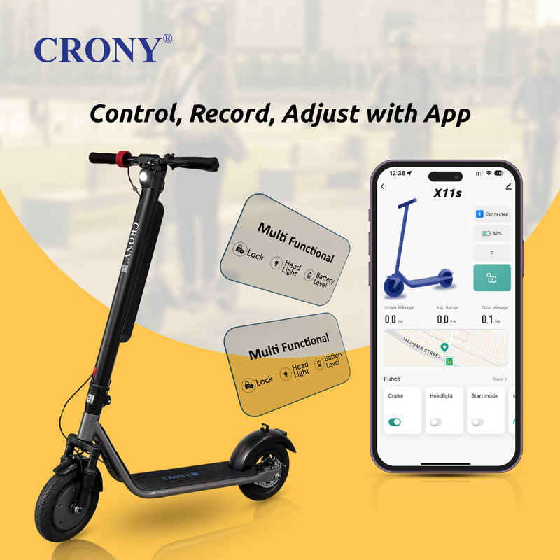 CRONY X11S APP Electric Scooter, 450W Motor, 36V 13Ah Detachable Battery, 40-60KM/H Speed, 30-40KM Range, 10 Inch Tires, LED Display, APP Connectivity, IP54 Waterproof, Front & Rear Disc Brakes, Foldable Design