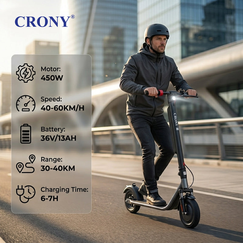 CRONY X11S APP Electric Scooter, 450W Motor, 36V 13Ah Detachable Battery, 40-60KM/H Speed, 30-40KM Range, 10 Inch Tires, LED Display, APP Connectivity, IP54 Waterproof, Front & Rear Disc Brakes, Foldable Design