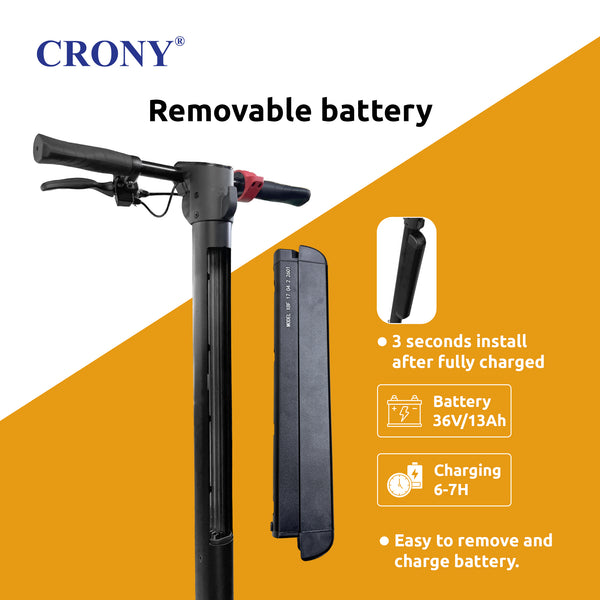 CRONY X11S APP Electric Scooter, 450W Motor, 36V 13Ah Detachable Battery, 40-60KM/H Speed, 30-40KM Range, 10 Inch Tires, LED Display, APP Connectivity, IP54 Waterproof, Front & Rear Disc Brakes, Foldable Design