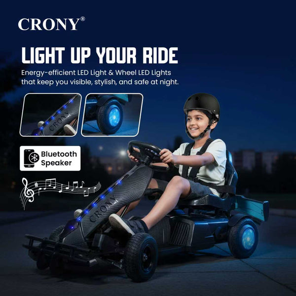 CRONY K9 Carbon Fiber Go-Kart – 250W Motor, 36V Battery, 20 KM/H Top Speed, 20 KM Range, Lightweight Carbon Fiber Frame, Front & Rear Hand Brakes, Seat Belt, LED Light Wheels, Forward & Reverse Switch | Safe & Fun Electric Go-Kart for Kids
