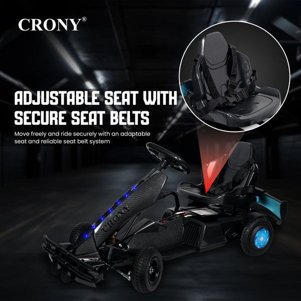 CRONY K9 Carbon Fiber Go-Kart – 250W Motor, 36V Battery, 20 KM/H Top Speed, 20 KM Range, Lightweight Carbon Fiber Frame, Front & Rear Hand Brakes, Seat Belt, LED Light Wheels, Forward & Reverse Switch | Safe & Fun Electric Go-Kart for Kids