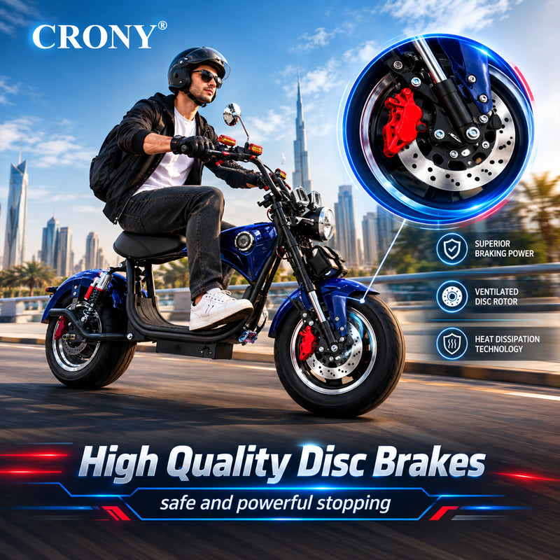 CRONY X1 Electric Motorcycle, 3000W Motor, 60V 12Ah Battery, 60-80KM/H Max Speed, 25-35KM Range, Front & Rear Disc Brakes, Front & Rear Suspension, LCD Display, LED Lights, Bluetooth Speaker, Mobile Phone Holder, Harley Bag, Blue