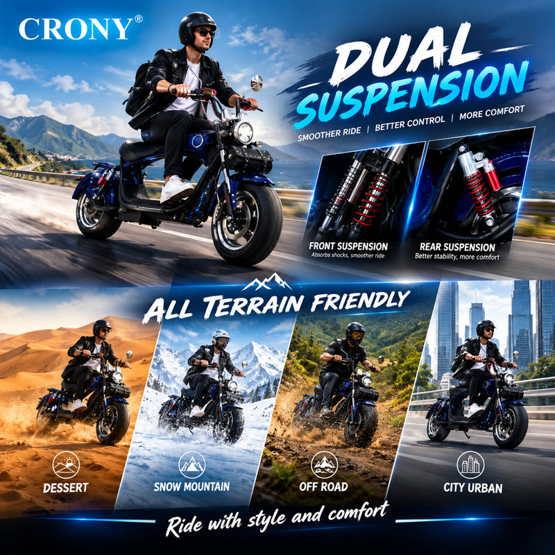 CRONY X1 Electric Motorcycle, 3000W Motor, 60V 12Ah Battery, 60-80KM/H Max Speed, 25-35KM Range, Front & Rear Disc Brakes, Front & Rear Suspension, LCD Display, LED Lights, Bluetooth Speaker, Mobile Phone Holder, Harley Bag, Blue