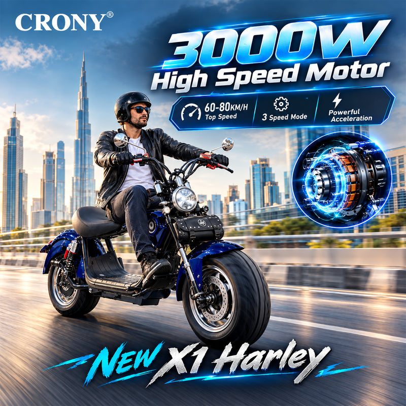 CRONY X1 Electric Motorcycle, 3000W Motor, 60V 12Ah Battery, 60-80KM/H Max Speed, 25-35KM Range, Front & Rear Disc Brakes, Front & Rear Suspension, LCD Display, LED Lights, Bluetooth Speaker, Mobile Phone Holder, Harley Bag, Blue