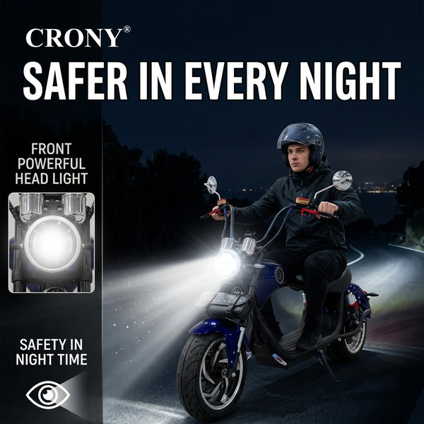 CRONY X1 Electric Motorcycle, 3000W Motor, 60V 12Ah Battery, 60-80KM/H Max Speed, 25-35KM Range, Front & Rear Disc Brakes, Front & Rear Suspension, LCD Display, LED Lights, Bluetooth Speaker, Mobile Phone Holder, Harley Bag, Blue