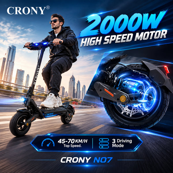 CRONY N07 GT Electric Scooter, 2000W Motor, 48V 18.5Ah Battery, 45–70 km/h, 45–60 km Range, Dual Suspension, 10-Inch Tires, NFC Unlock & App Connectivity