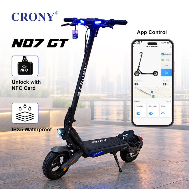 CRONY N07 GT Electric Scooter, 2000W Motor, 48V 18.5Ah Battery, 45–70 km/h, 45–60 km Range, Dual Suspension, 10-Inch Tires, NFC Unlock & App Connectivity