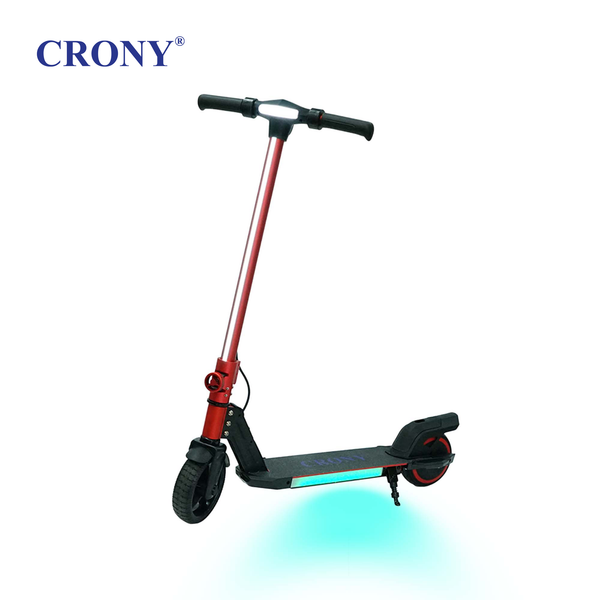 The CRONY S31 is a foldable electric scooter available in multiple colors, featuring an aluminum alloy body, a 130W motor, an LED display, and seven-color footboard lights.