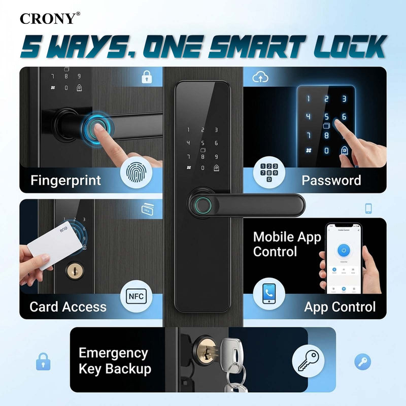 CRONY JP-S2 Smart Door Lock 5-in-1 Built-in Wifi Fingerprint Keyless Entry Weather-Resistant Child Safety Lock for Home Rental Office and Hotel TUYA App Control Black