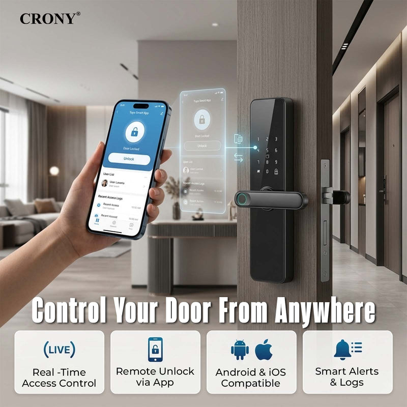 CRONY JP-S2 Smart Door Lock 5-in-1 Built-in Wifi Fingerprint Keyless Entry Weather-Resistant Child Safety Lock for Home Rental Office and Hotel TUYA App Control Black