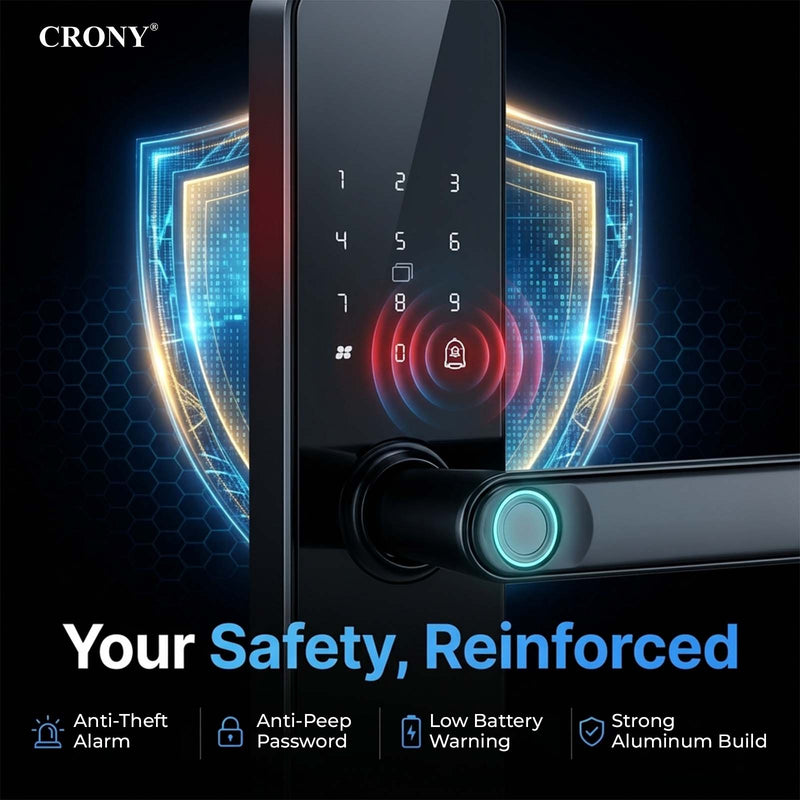 CRONY JP-S2 Smart Door Lock 5-in-1 Built-in Wifi Fingerprint Keyless Entry Weather-Resistant Child Safety Lock for Home Rental Office and Hotel TUYA App Control Black
