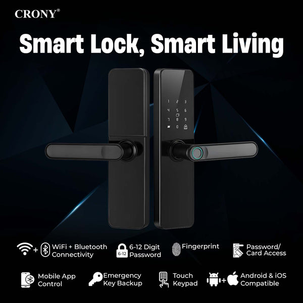 CRONY JP-S2 Smart Door Lock 5-in-1 Built-in Wifi Fingerprint Keyless Entry Weather-Resistant Child Safety Lock for Home Rental Office and Hotel TUYA App Control Black