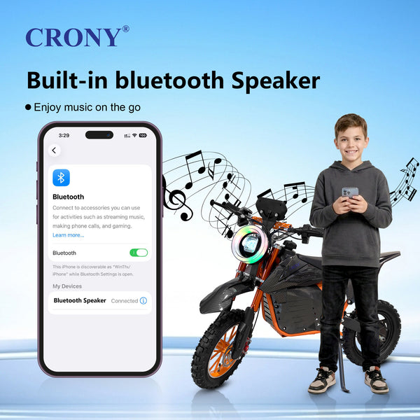 CRONY-09 Electric Dirt Bike 350W Motor, 36V 12Ah Battery, 14 Inch Off-Road Tires, Up to 36KM/H Speed, LCD Display, LED Headlight, Bluetooth Speaker, Electric Motorcycle for Outdoor Riding, Durable Design, 1 Year Motor Warranty