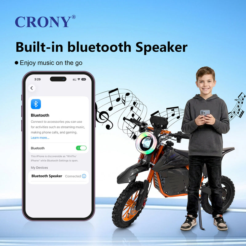 CRONY-09 Electric Dirt Bike 350W Motor, 36V 12Ah Battery, 14 Inch Off-Road Tires, Up to 36KM/H Speed, LCD Display, LED Headlight, Bluetooth Speaker, Electric Motorcycle for Outdoor Riding, Durable Design, 1 Year Motor Warranty