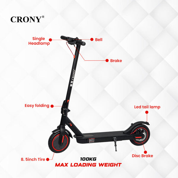 CRONY M365 Electric Scooter with App, Black, 250W–350W Motor, 36V 7.8Ah Battery, Up to 45 KM/H Speed, 25 KM Range, 8.5-Inch Tires, Foldable Design, Front Headlight & LED Tail Light, Smart Electric Scooter for Adults