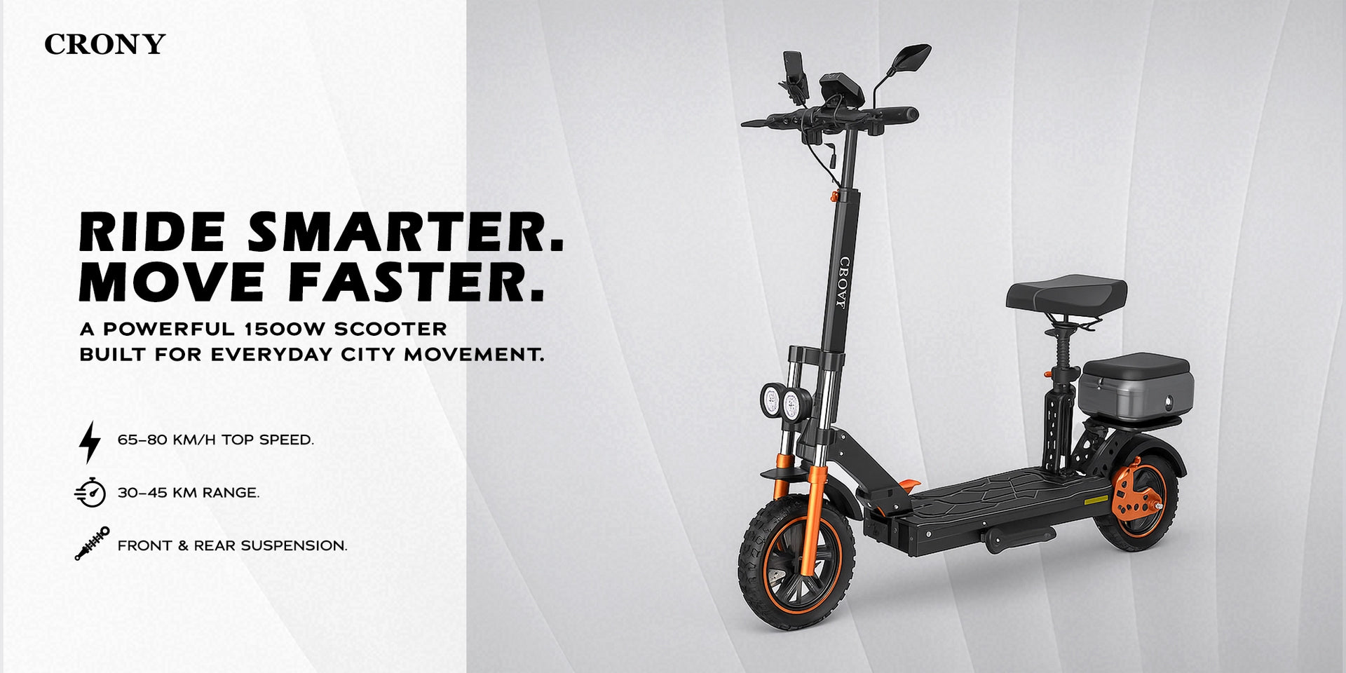 CRONY M5 Pro Electric Scooter for Adults Kids 1500W High-Speed E-Scooter with Bluetooth Speaker App Connectivity IPX4 Waterproof 120KG Max Load - Hero Banner 1