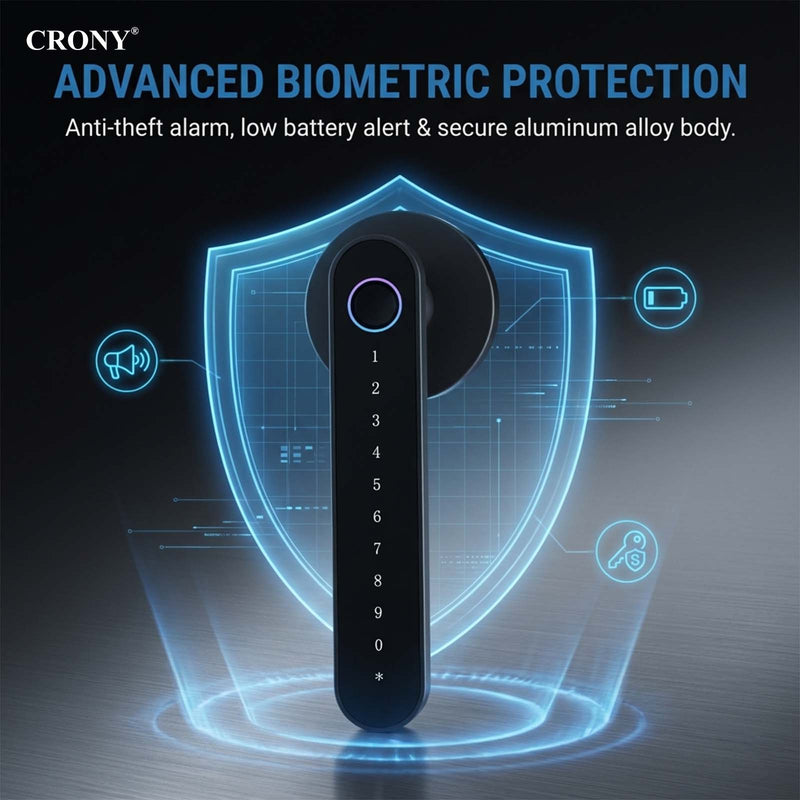 CRONY MJ-S4-DD Smart Door Lock 5-in-1 Fingerprint Keyless Entry Door Locks with App and Keypad Electronic Biometric Handle Child Safety Lock Suitable for for Home Rental Office and Hotel TUYA Black