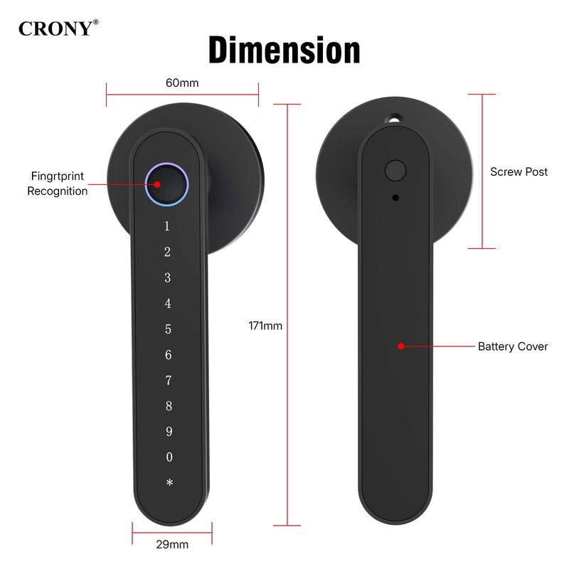 CRONY MJ-S4-DD Smart Door Lock 5-in-1 Fingerprint Keyless Entry Door Locks with App and Keypad Electronic Biometric Handle Child Safety Lock Suitable for for Home Rental Office and Hotel TUYA Black